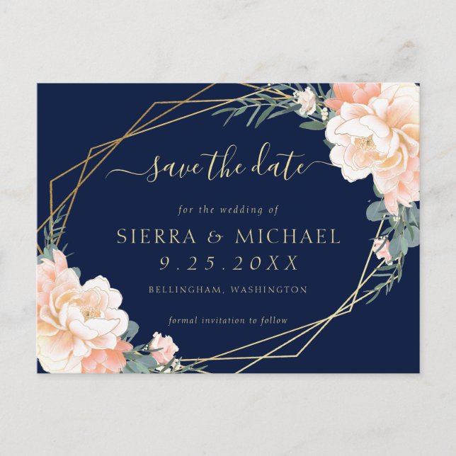 Chic Navy Blue Peach Gold Floral Save the Date Ankündigungspostkarte (Vorderseite)