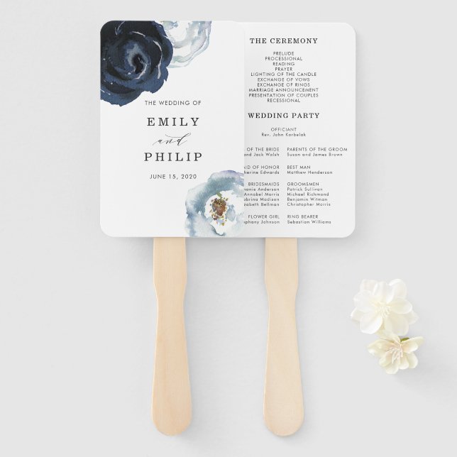 Chic Navy Blue Peony Floral Wedding Programm Fächer (Vorne und Hinten)