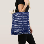 Chic Navy Blue Personalized Name Collage<br><div class="desc">Modern navy blue name collage allover tote bag decorated in nine different fonts customized with your name. Chic custom gift with cool typography in cursive text.</div>