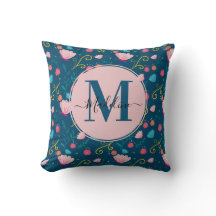 Chic Navy Blue Pink Butterfly Blume Monogram