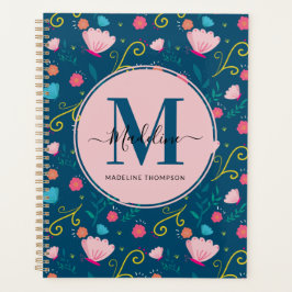 Chic Navy Blue Pink Butterfly Blume Monogram Planer