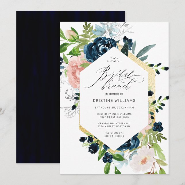Chic Navy Blue Pink Rose Floral Bridal Brunch Einladung (Vorne/Hinten)