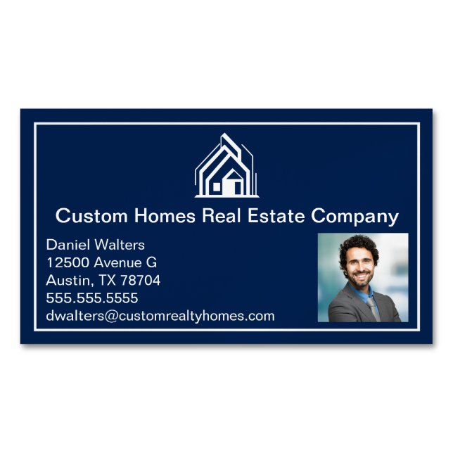 Chic Navy Blue Real Estate Company Realtor Photo Magnetische Visitenkarte (Vorderseite)