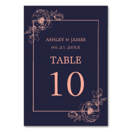 Chic Navy Blue Rose Gold Floral Kontur Hochzeit Tischnummer