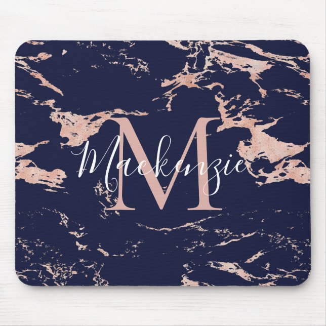 Chic Navy Blue Rose Gold Foil Marmor Monogram Mousepad (Vorne)