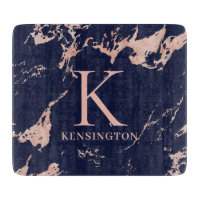 Chic Navy Blue Rose Gold Foil Marmor Monogram