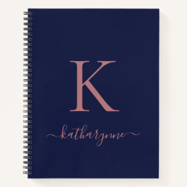 Chic Navy Blue Rose Gold Pink Monogram Name Notizbuch