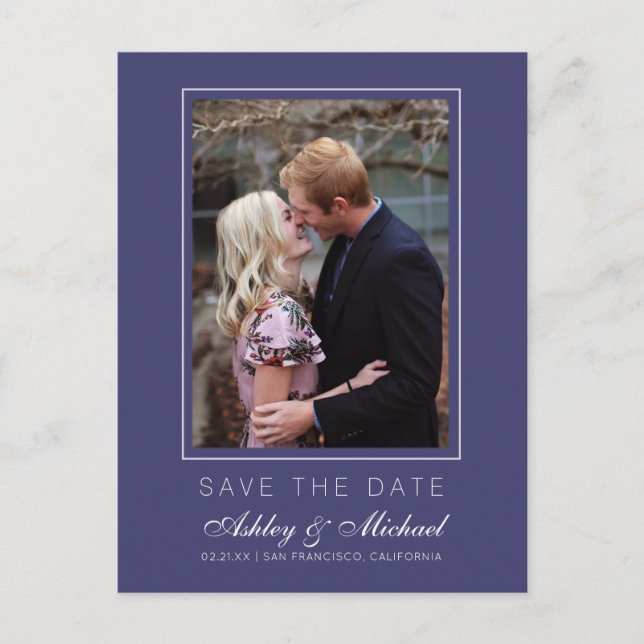 Chic Navy Blue Save the Date Verlobung Foto Ankündigungspostkarte (Vorderseite)