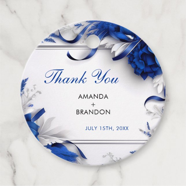 Chic Navy Blue & Silver Blume Ribbons Hochzeit Geschenkanhänger (Vorderseite)