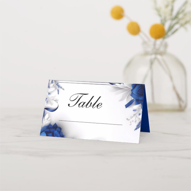 Chic Navy Blue & Silver Blume Ribbons Hochzeit Platzkarte (Vorderseite)