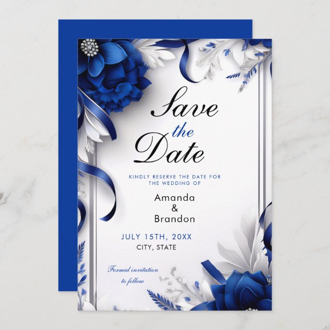 Chic Navy Blue & Silver Blume Ribbons Hochzeit Save The Date (Vorne/Hinten)