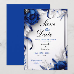 Chic Navy Blue & Silver Blume Ribbons Hochzeit Save The Date