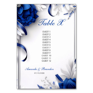 Chic Navy Blue & Silver Blume Ribbons Hochzeit Tischnummer