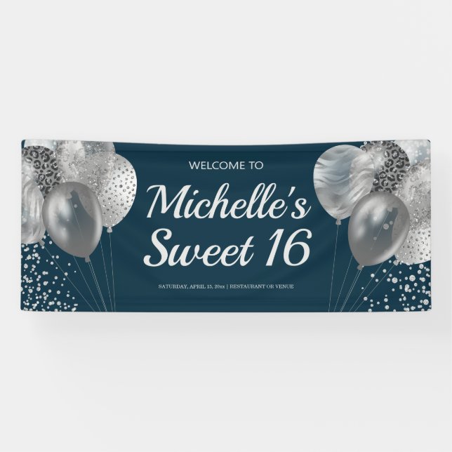 Chic Navy Blue Silver Glitzer Balloons Sweet 16 Banner (Horizontal)