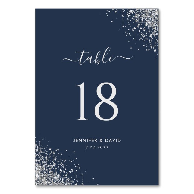 Chic Navy Blue Silver Glitzer Hochzeit Tischnummer (Vorderseite)