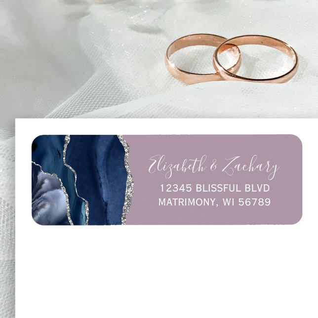 Chic Navy Blue Silver Mauve Wedding Return Address (Von Creator hochgeladen)