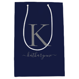 Chic Navy Blue Silver Monogram Name Mittlere Geschenktüte