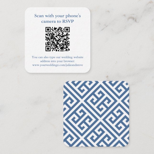 Chic Navy Blue und White Griechisch Key Wedding QR Begleitkarte (Vorne/Hinten)
