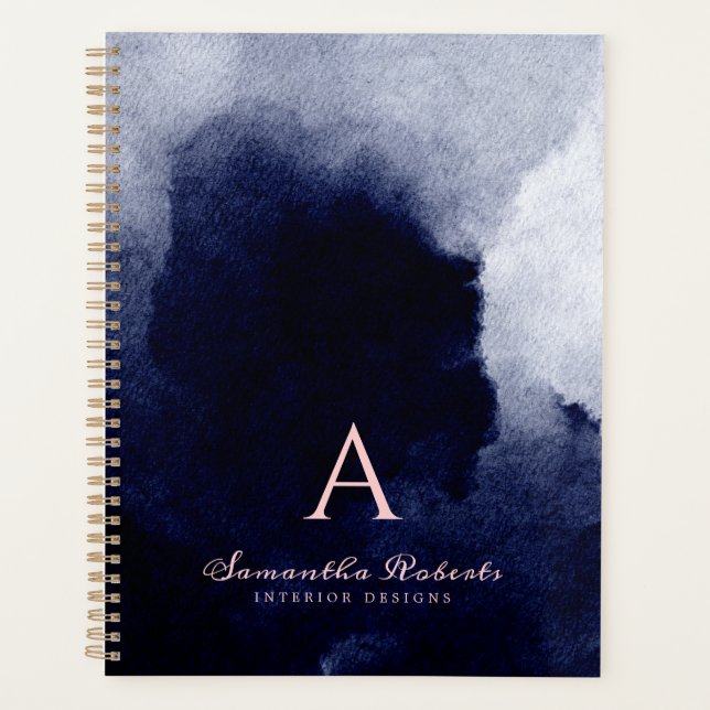 Chic Navy Blue Watercolor Blush Pink Monogram Planer (Vorderseite)