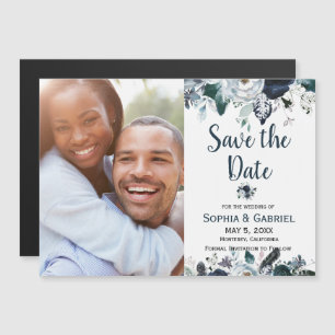 Chic Navy Blue White Blume Hochzeit speichern das  Magneteinladung