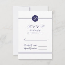 Chic Navy Blue White Monogram Response RSVP Card