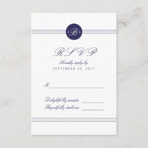 Chic Navy Blue White Monogram Response RSVP Card Karte