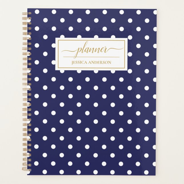 Chic Navy Blue White Polka Dots Muster Planer (Vorderseite)