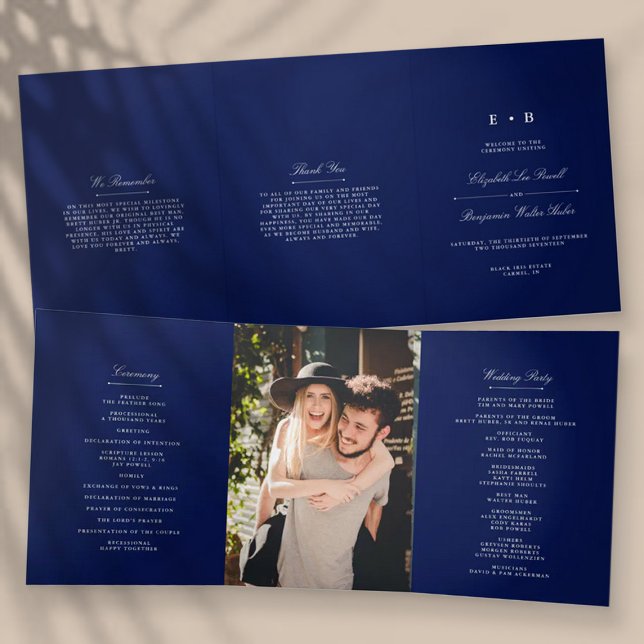 Chic Navy Blue & White Wedding Dreifach-gefaltete Programmkarte (Von Creator hochgeladen)
