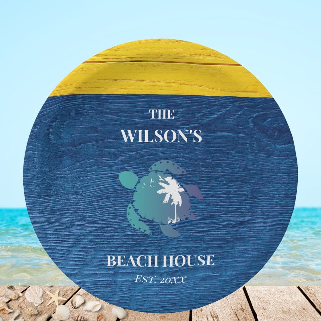 Chic Navy Blue Wood Sea Turtle Family Beach House Pappteller (Von Creator hochgeladen)
