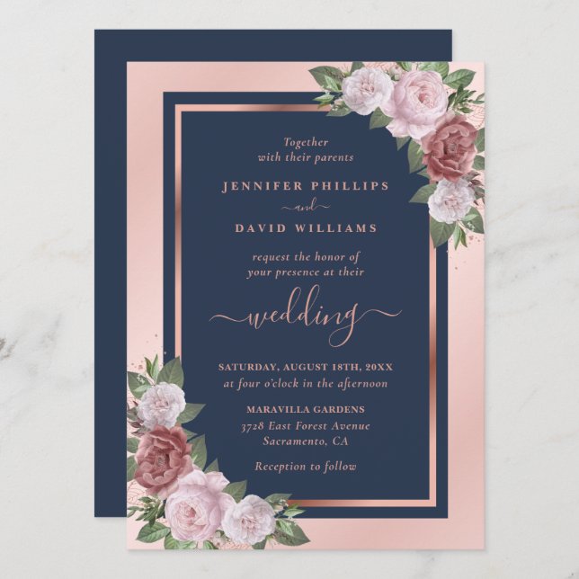 Chic Navy Blush and Rose Gold Floral Wedding Einladung (Vorne/Hinten)
