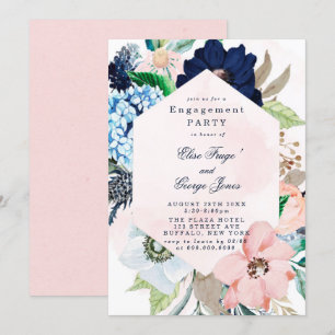 Chic Navy Blush Pink Floral Engagement Party Einladung