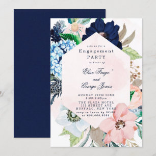 Chic Navy Blush Pink Floral Engagement Party Einladung