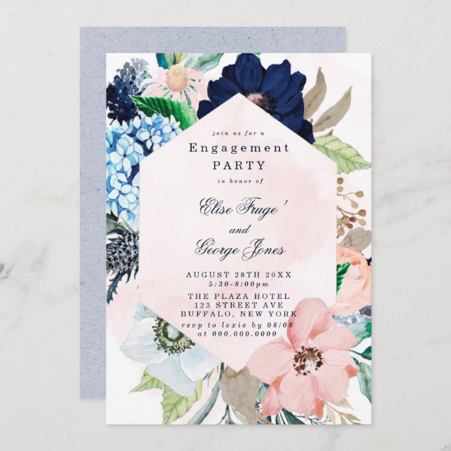 Chic Navy Blush Pink Floral Engagement Party Invii Einladung (Vorne/Hinten)