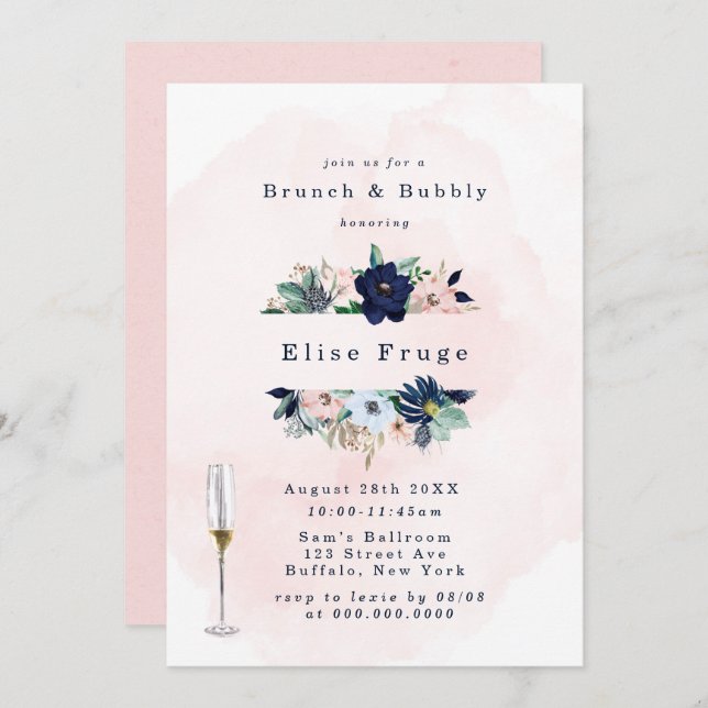 Chic Navy Blush Pink Florals Brunch & Bubbly Einladung (Vorne/Hinten)