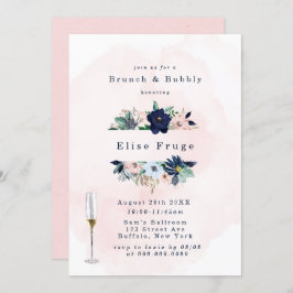 Chic Navy Blush Pink Florals Brunch & Bubbly Einladung