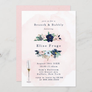 Chic Navy Blush Pink Florals Brunch & Bubbly Einladung