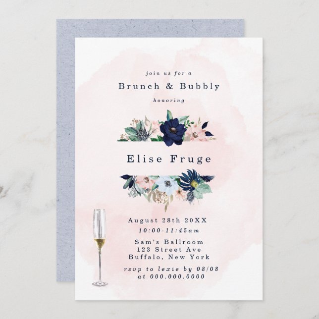 Chic Navy Blush Pink Florals Brunch & Bubbly Invii Einladung (Vorne/Hinten)