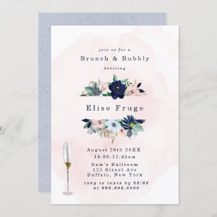 Chic Navy Blush Pink Florals Brunch & Bubbly Invii Einladung