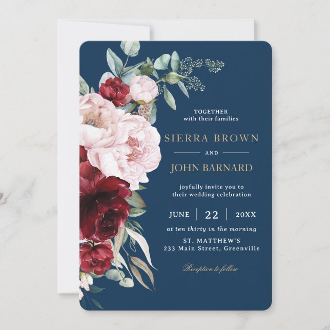 Chic Navy Burgundy Blush Peonies Floral Wedding Einladung (Vorderseite)