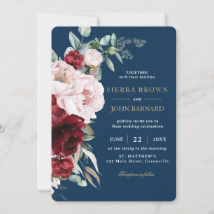 Chic Navy Burgundy Blush Peonies Floral Wedding Einladung