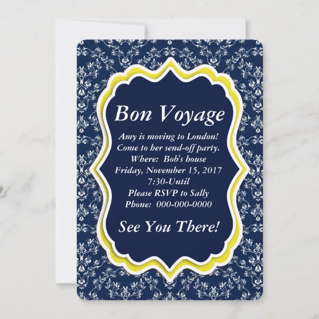 Chic Navy Damask Floral "Bon Voyage" Einladung (Vorderseite)