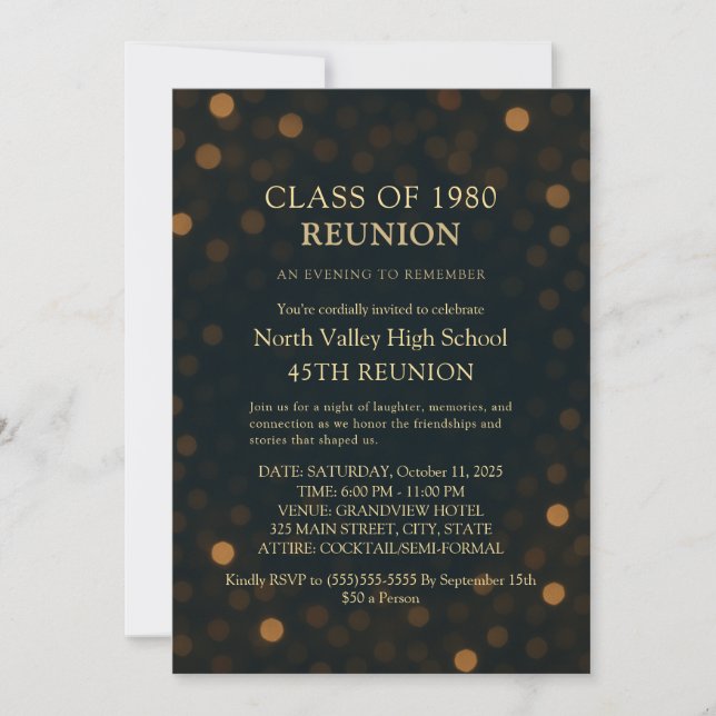 Chic Navy Gold Bokeh 45th Class Reunion Invitation Einladung (Vorderseite)