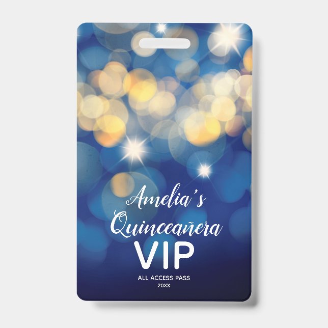 Chic Navy Gold Bokeh Quinceañera Invite VIP Pass Ausweis (Vorderseite)