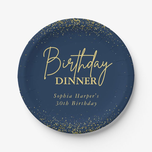 Chic Navy Gold Glitter Confetti Birthday Dinner Pappteller (Vorderseite)