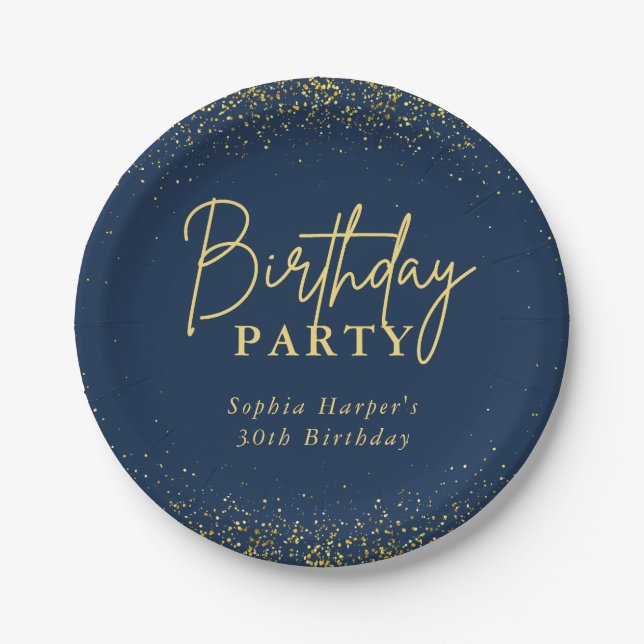 Chic Navy Gold Glitter Confetti Birthday Party Pappteller (Vorderseite)