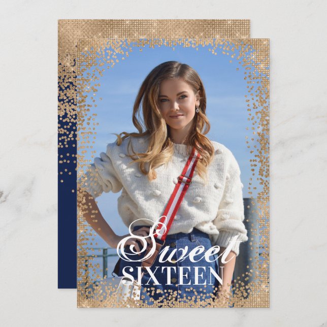 Chic Navy Gold Glitzer Confetti Foto Sweet 16 Einladung (Vorne/Hinten)