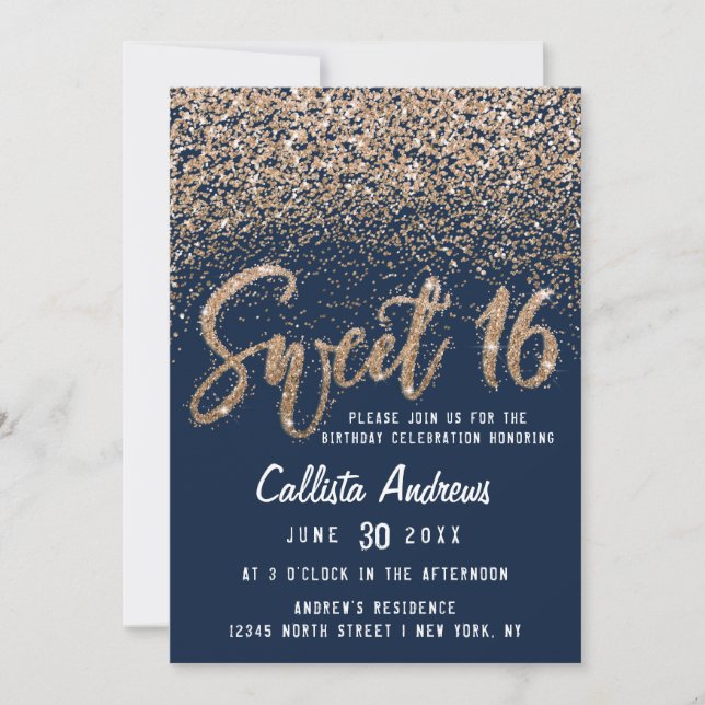 Chic Navy Gold Scattered Glitzer Ombre Sweet 16 Einladung (Vorderseite)