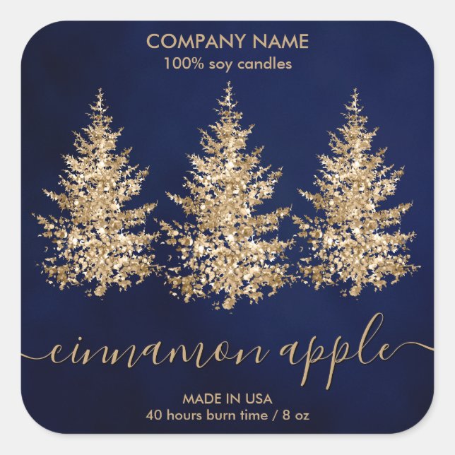 Chic Navy Gold Weihnachtsbaum-Kerzenprodukt Quadratischer Aufkleber (Vorderseite)