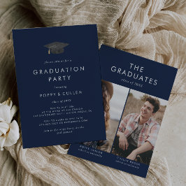 Chic Navy Grad Cap Foto Double Graduation Party Einladung
