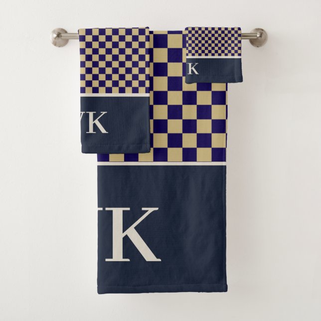 Chic Navy Karo-Bad Monogramm Badhandtuch Set (Insitu)